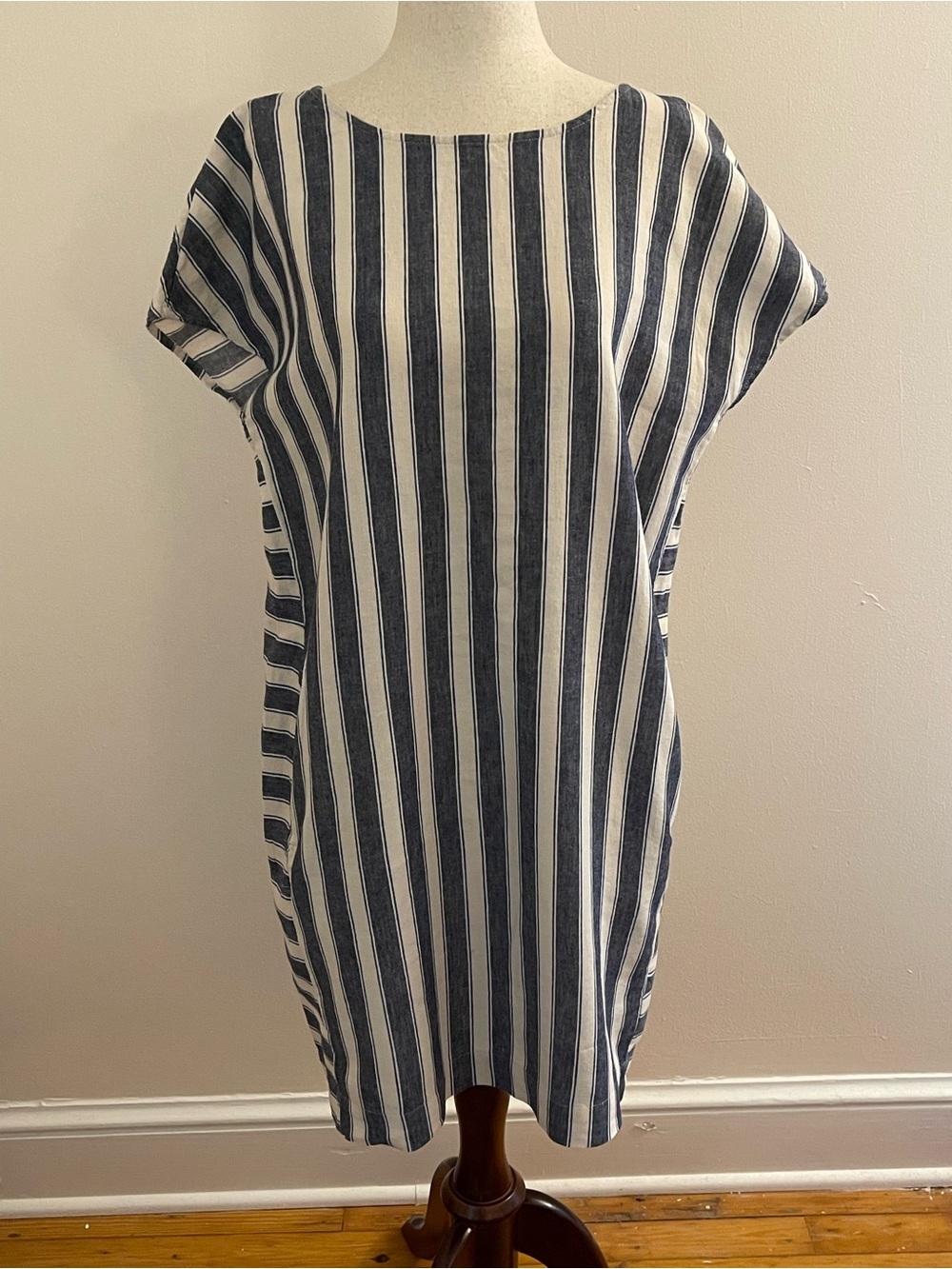 Madewell Linen Cotton Striped Button Back Shift Dress Navy White M
